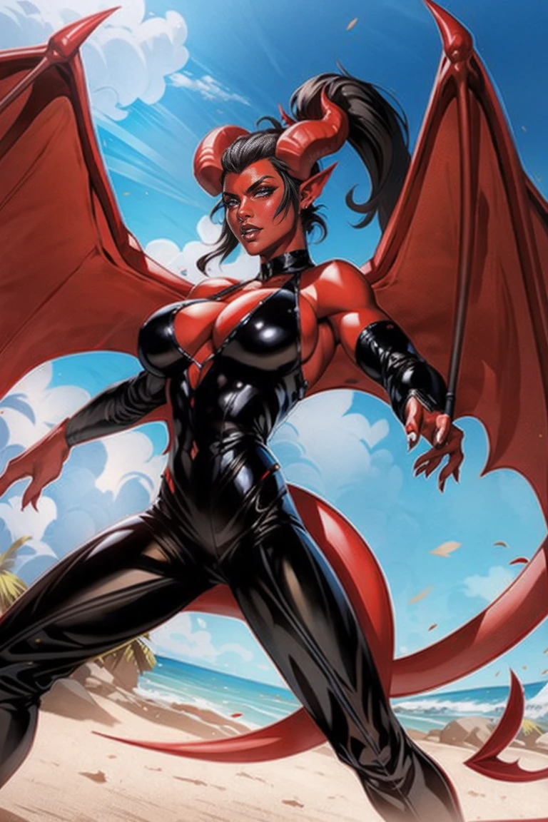 Red skin succubus tiefling, medium breasts, black horns, wings, huge tail, black leather, tall, toned, graceful, thin, long black ponytail. Action scene, shotgun.