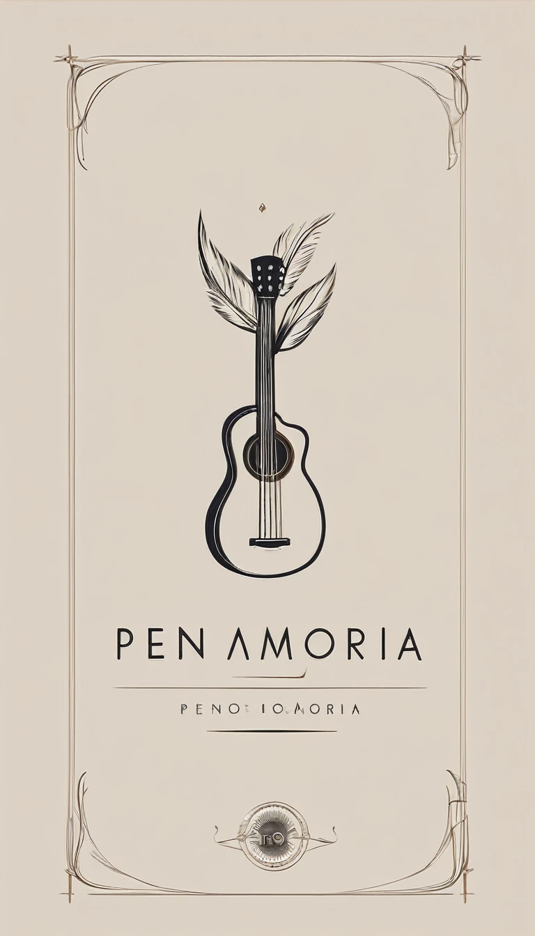 A minimal, modern, simple, cinematic logotype for the brand “Penamemoria". The logotype must be a simple, magical feather and a boy playing acoustic guitar. The logo must convey a sense of music, stories and dreams. Logo design impressed on a book cover. Minimalistic logo