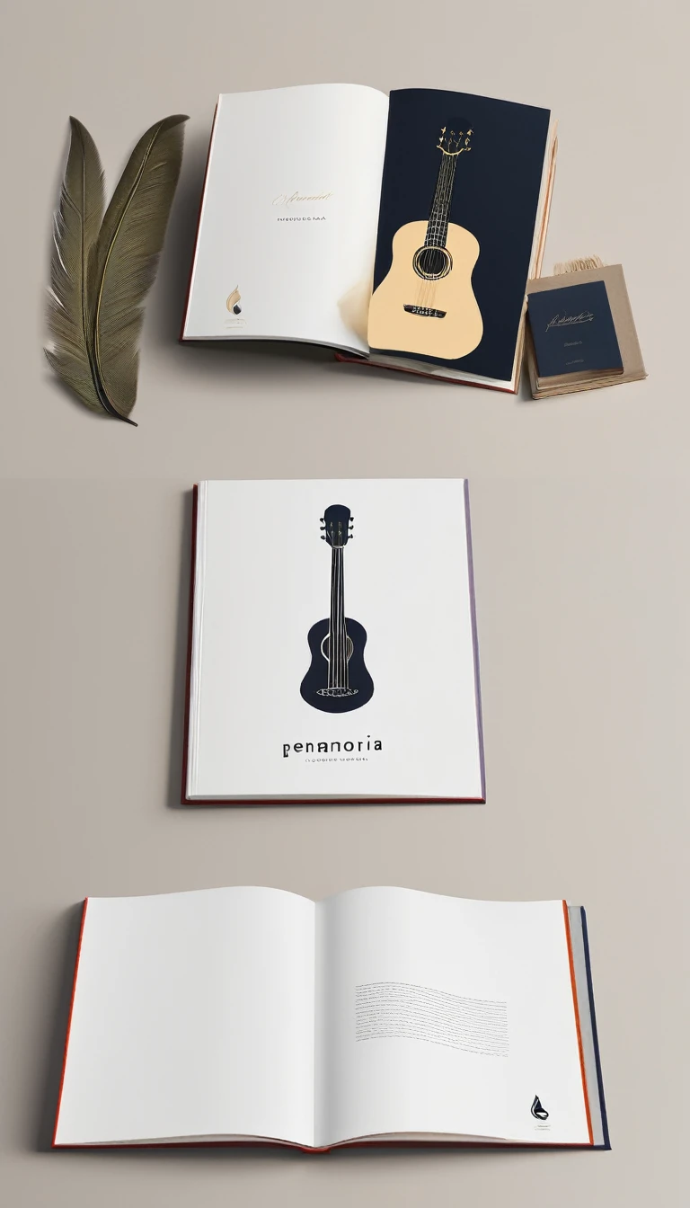 A minimal, modern, simple, cinematic logotype for the brand “Penamemoria". The logotype must be a simple, magical feather and a boy playing acoustic guitar. The logo must convey a sense of music, stories and dreams. Logo design impressed on a book cover. Minimalistic logo