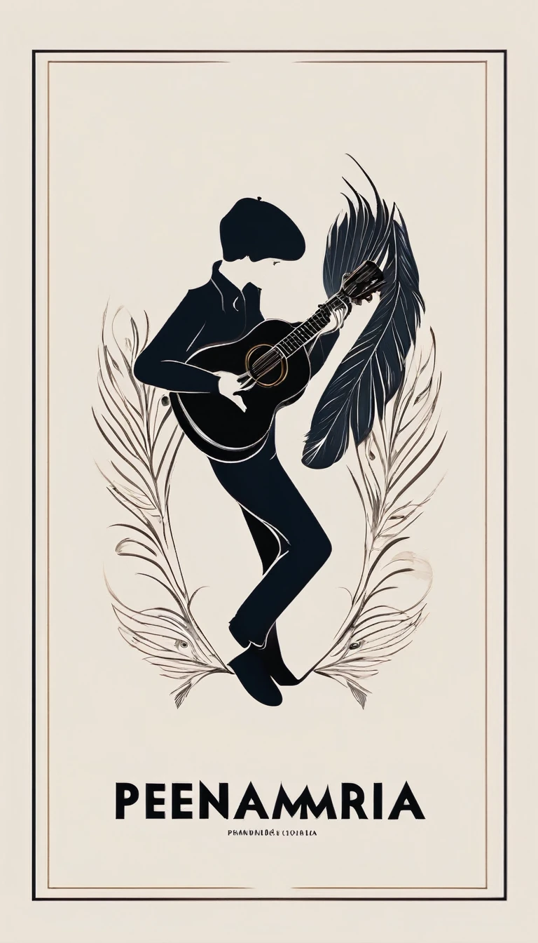 A minimal, modern, simple, cinematic logotype for the brand “Penamemoria". The logotype must be a simple, magical feather and a boy playing acoustic guitar. The logo must convey a sense of music, stories and dreams. Logo design impressed on a book cover. Minimalistic logo