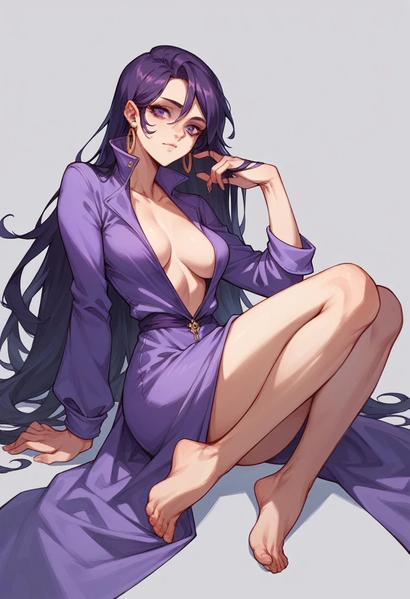 Athena，Purple one-way slightly messy long hair，Purple Eyes，Purple jumpsuit，But the one-piece dress is very sexy and revealing，barefoot，A black hole in the universe，Purple and black black hole