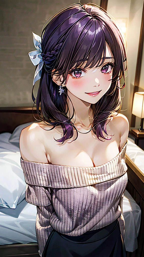 (masterpiece:1.3, Highest quality, Ultra-high resolution:1.2, Super detailed、8K), (Realistic, photoRealistic:1.4), Beautiful illustrations, Perfect lighting, colorful, Depth of written boundary, Beautiful detailed hair, Beautifully detailed face, Beautiful fine details, Droopy eyes、Beautiful clavicle, Beautiful body, 美しいLarge Breasts, Beautiful thighs, Beautiful feet, Beautiful fingers, View Viewer、Front view:0.6, Beauty1人, Japanese, Beauty、30 years old, Perfect Face, (Perfect Anatomy, Anatomically correct), Cute and symmetrical face, Baby Face, , Shiny skin,(Pink off-shoulder knit sweater:1.4), (Long skirt:1.4) 、(deep purple hair, Ribbon hair ornament、Medium Straight Hair:1.4), braided bangs、Dark brown eyes, (Large Breasts, Slim body), necklace, Small earrings:1.1, (Beautiful views), (night),( A luxury hotel room), (Lying in bed), A soft smile、(Smile, Lips parted),