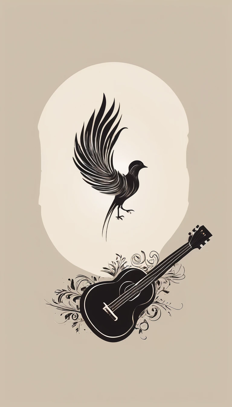 A minimal, modern, simple, cinematic logotype for the brand “Penamemoria". The logotype must be a simple, magical feather and a boy playing acoustic guitar. The logo must convey a sense of music, stories, memories and dreams. Logo design impressed on a book cover. Minimalistic logo