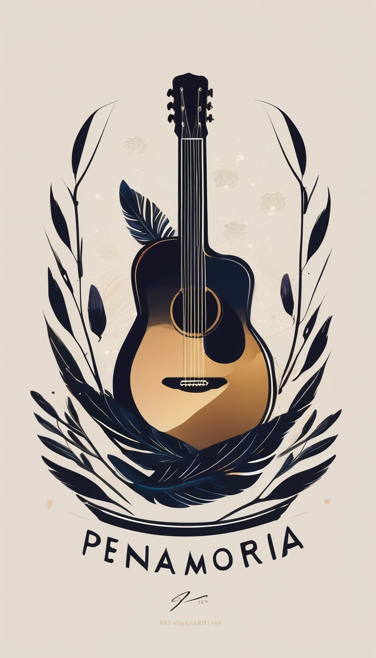 A minimal, modern, simple, cinematic logotype for the brand “Penamemoria". The logotype must be a simple, magical feather and a boy playing acoustic guitar. The logo must convey a sense of music, stories, memories and dreams. Logo design impressed on a book cover. Minimalistic logo