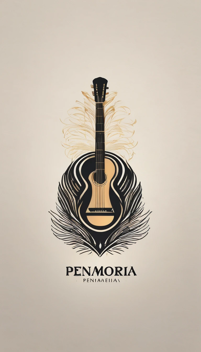 A minimal, modern, simple, cinematic logotype for the brand “Penamemoria". The logotype must be a simple, magical feather and a boy playing acoustic guitar. The logo must convey a sense of music, stories, memories and dreams. Logo design impressed on a book cover. Minimalistic logo