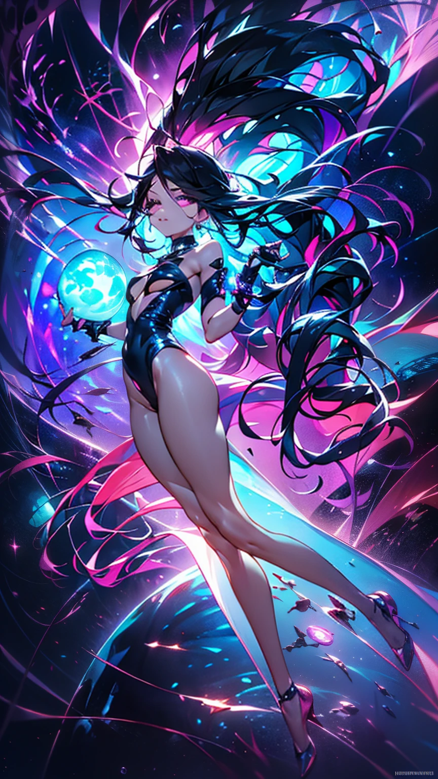 An ultra-realistic and ultra-detailed (Legendary Multicolored Psychedelic Masterpiece), ((HOLDING A BIG GORGEOUS, GLOWING, COLORFUL INFINITY ♾️ SYMBOL IN HER HANDS)), ((full body portrait)), (Dynamic Angle), best quality, (Angled View), 1girl, She is a Gorgeous Magical Alchemist, a very noble Caucasian lady, ringed silver eyes, Calm, half closed eyes, thin body, slim waist, small breasts, (bare legs), Awesome Black Hair, a confident smile, ((HOLDING A GORGEOUS COLORFUL RAINBOWLUMINESCENT GALAXY IN HER HANDS)), Celestial Star Map, highly detailed expensive wizard's skirt, beautiful, dramatic, backlighting, night, midnight, (Multitude Of Stars), beautiful fantastic night view, (ultra-detailed, finely detailed beautiful eyes and face), high resolution, 8k UHD, perfect anatomy, perfect fingers, Highly detailed scenery, Highly detailed background, perspective, depth of field, atmospheric