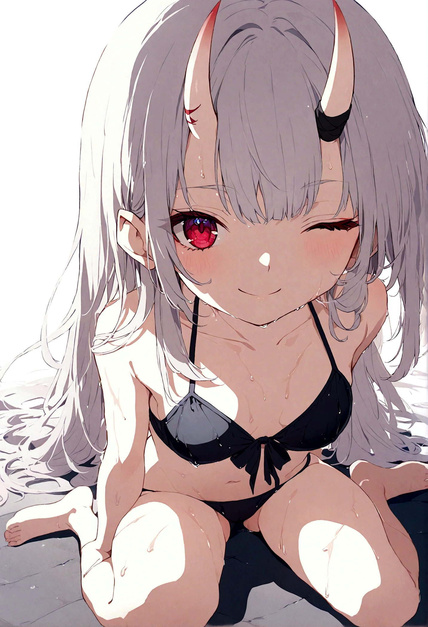 (muste piece), (best quality), very detailed eyes, expressive eyes, perfect face, very detailed face, highly detailed face, beautiful girl, 8K, beautiful girl, white background, delicate and beautiful face and eyes, dark intense shadow, 
1 girl, vtuber style, cool girl, hololive, Nakiri Ayame, oni horn, bikini, front-tie top, mini shorts, small chest, cropped shoulders, clavicle, wet body, wet hair, one eye close winking, smile, body visible through clothes, chest visible through clothes, ass visible through thighs, (full body), barefoot, naked thighs, sitting, open legs wide,