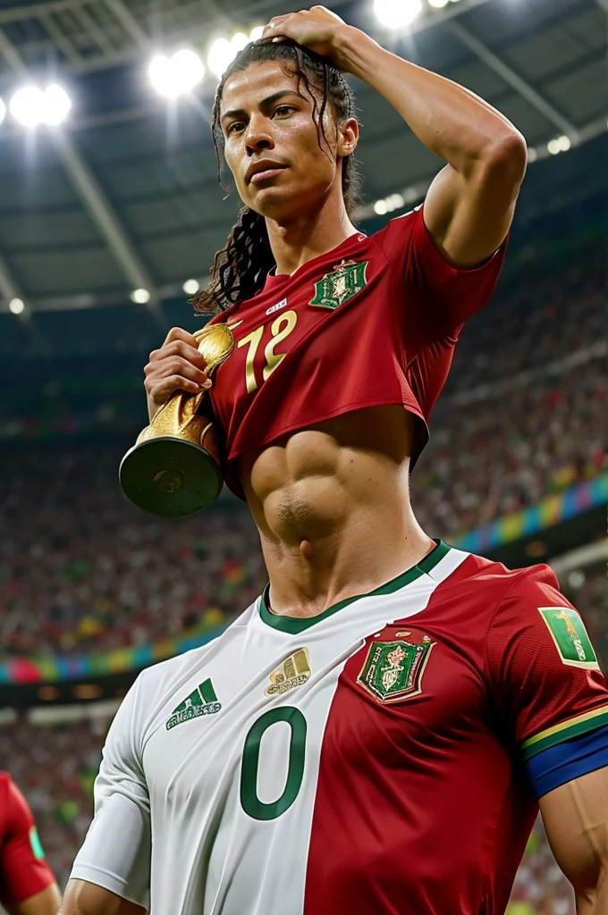 Alex Morgan holding the world cup completely naked and smiling