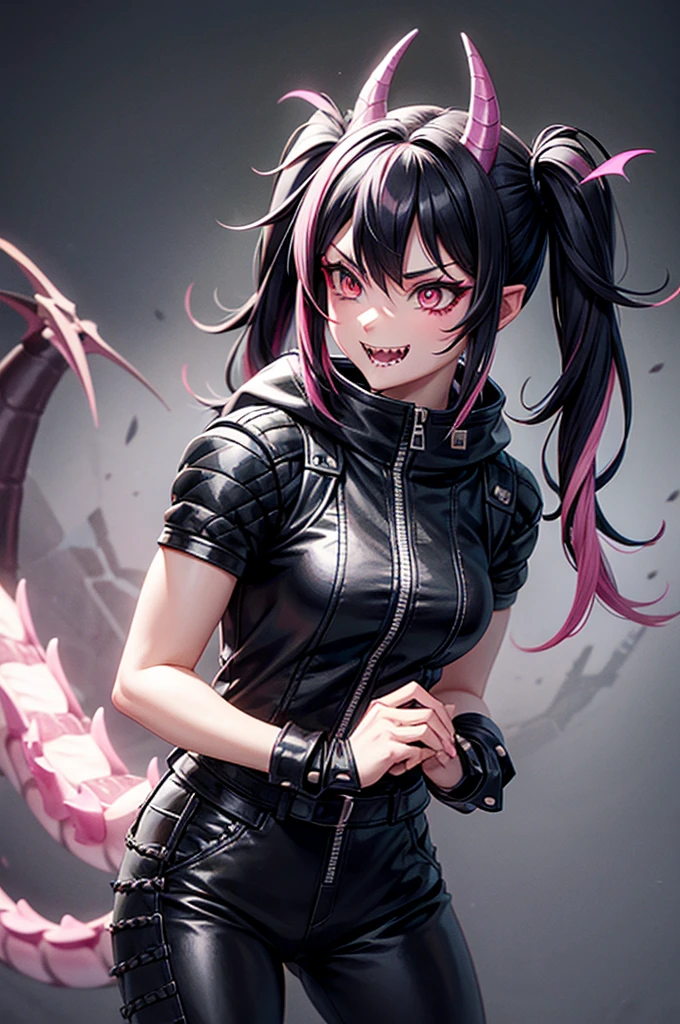 half dragon female with grey skin, with black hair pigtails style, with pink streaks, sharp teeth, biker outfit, dragon tail and dragon horns
