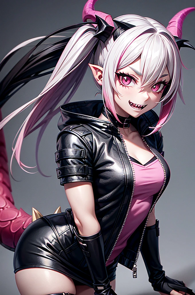 half dragon female with grey skin, with black hair pigtails style, with pink streaks, sharp teeth, biker outfit, dragon tail and dragon horns
