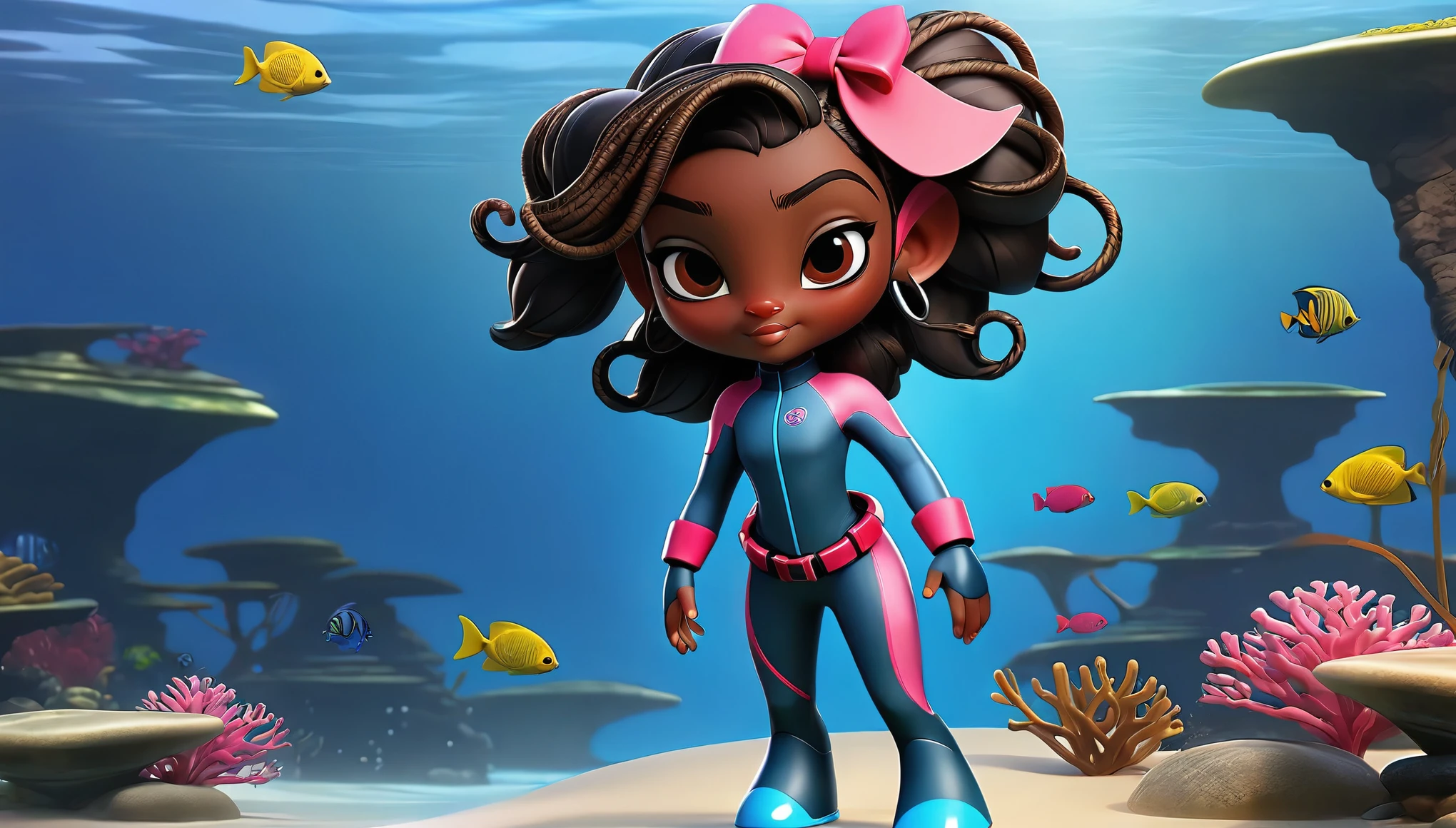 Create a full-body view of a kid-friendly avatar of a young girl named Arya with dark skin, hair styled in pigtails with pink and red bows. She is wearing scuba gear, including a pink wetsuit, blue overalls, goggles, snorkel, and pink flippers. The avatar should be cartoonish with large, expressive eyes, a friendly smile, and a playful demeanor. The background should be a simple blue gradient.