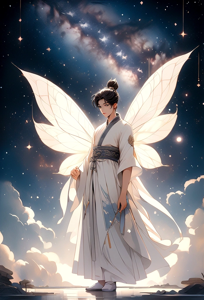 masterpiece, Highest quality: 1.4), Detailed Background,Beautiful male fairy of ancient China、One male、Back view、Beautiful standing posture、Clouds at your feet、streamer,Gauze cloth,Floating in the air,Elevation angle of view,The Milky Way is amazing,The full moon is empty,