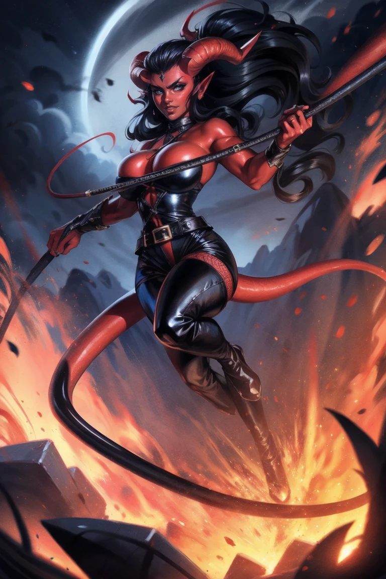 Red skin succubus tiefling, medium breasts, black horns, wings, huge tail, black leather, tall, toned, graceful, thin, long black ponytail. Action scene, whip. Dark scene, explosions, night sky.