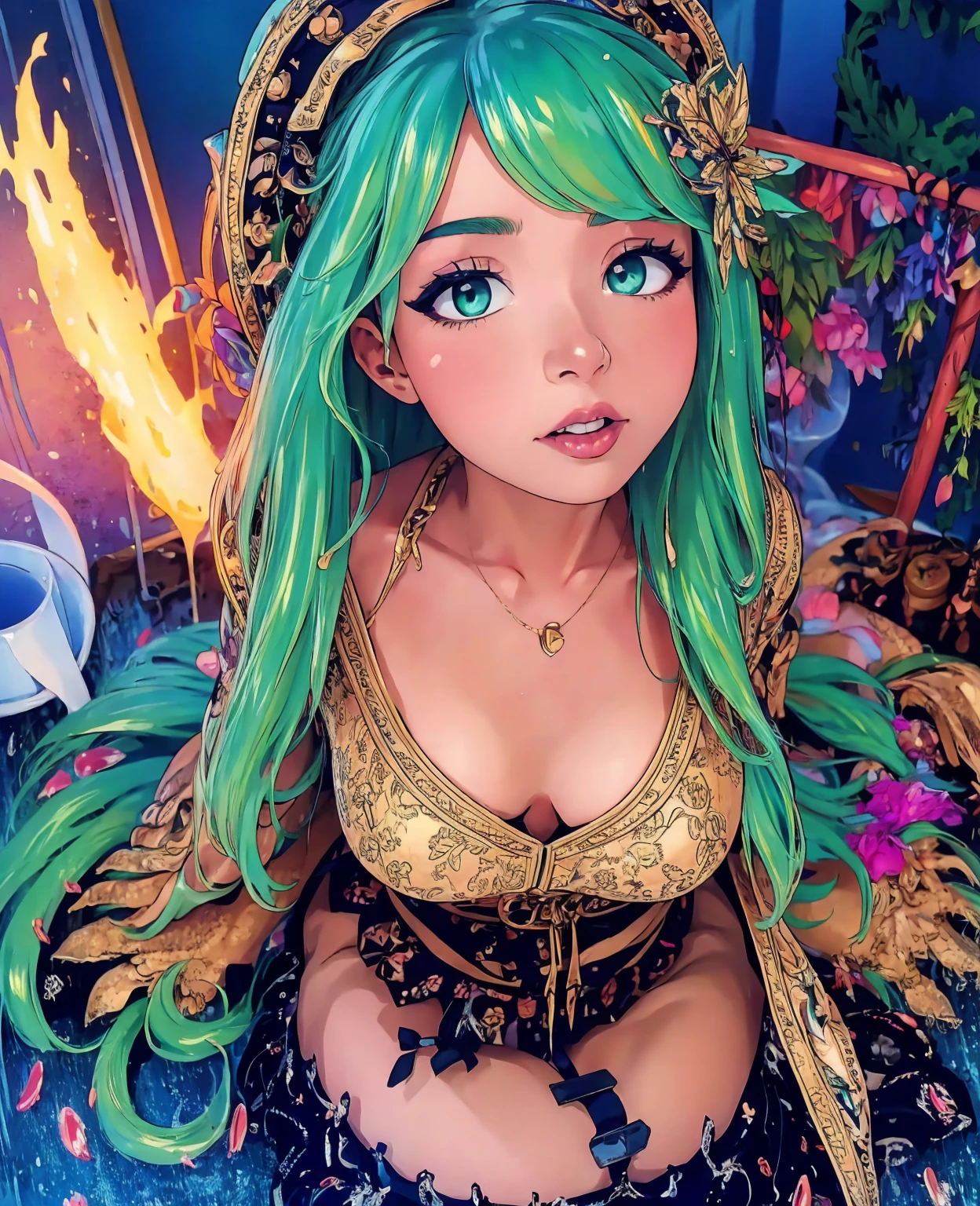 a cute girl, slime girl, pokimane, beautiful detailed eyes, beautiful detailed lips, extremely detailed face and features, long eyelashes, detailed slime texture, slime tentacles, glowing slime, vibrant colors, diffuse lighting, fantasy, digital art, concept art, highly detailed, 8k, photorealistic, masterpiece, cinematic lighting, dramatic lighting, volumetric lighting, intricate details