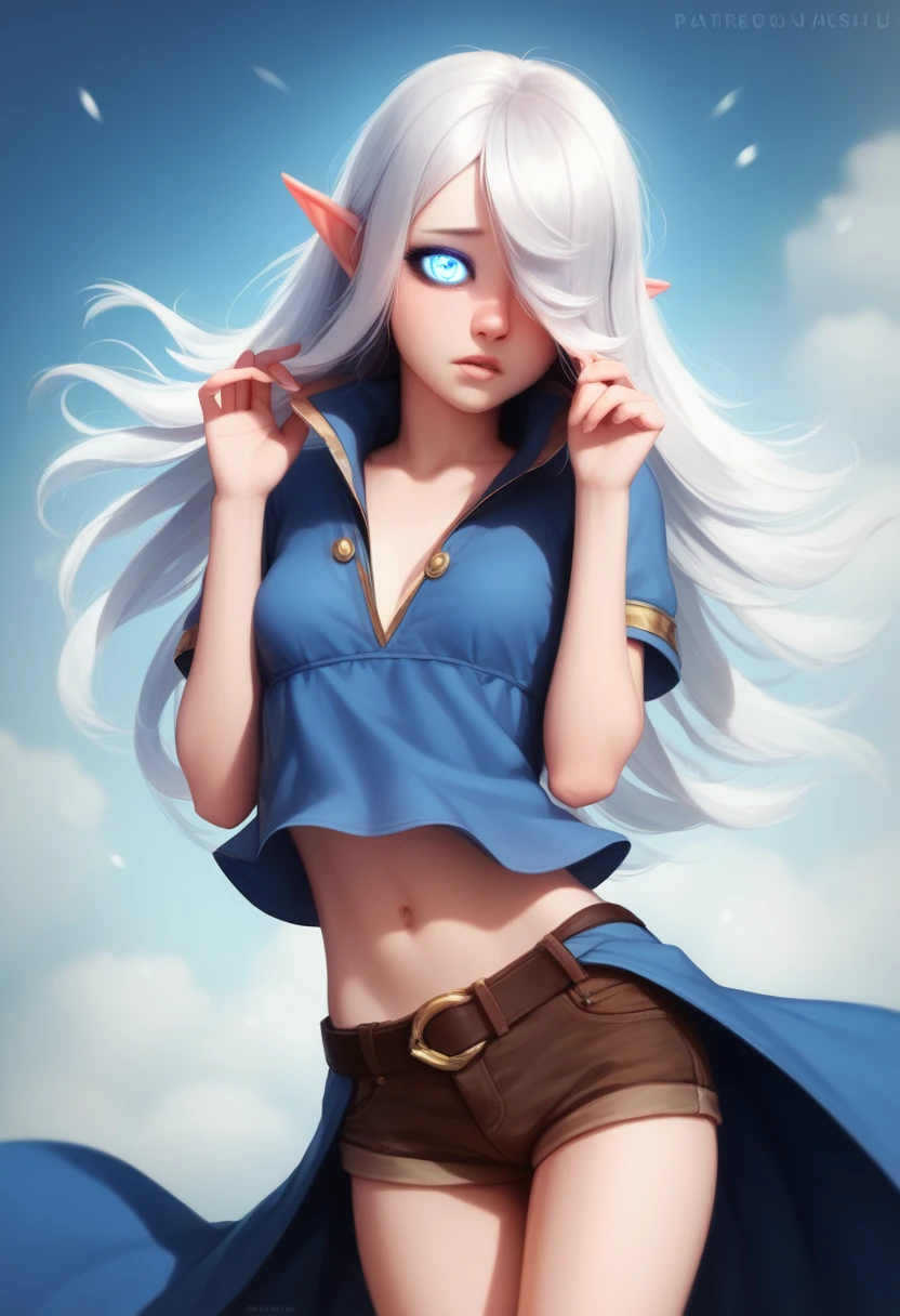 Girl, halfling girl, halfling, pale skin, short, short stature, very long hair, silver hair, straight hair that curls at the end, small breasts, pouty lips, masterpiece, best quality, dynamic pose, 8k, hair covering one eye, anime eyes, bright eyes, detailed eyes, big round eyes, blue eyes, realistic eyes, wind, windy, cute, sailer outfit, pirate outfit, short shorts, eyeliner, shy personality, detailed outfit, cold outside