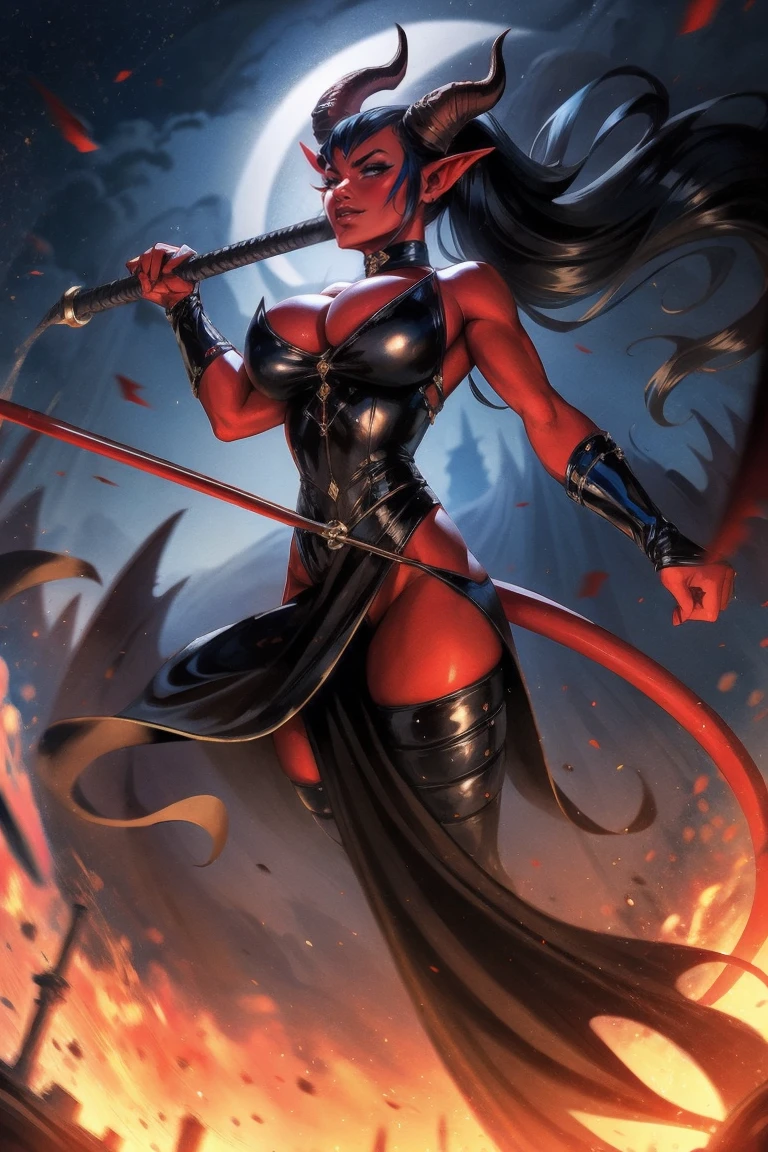 Red skin succubus tiefling, medium breasts, black horns, wings, huge tail, black leather, long flowing pelvic curtain, tall, toned, graceful, thin, long black ponytail. Action scene, whip. Dark scene, explosions, night sky.