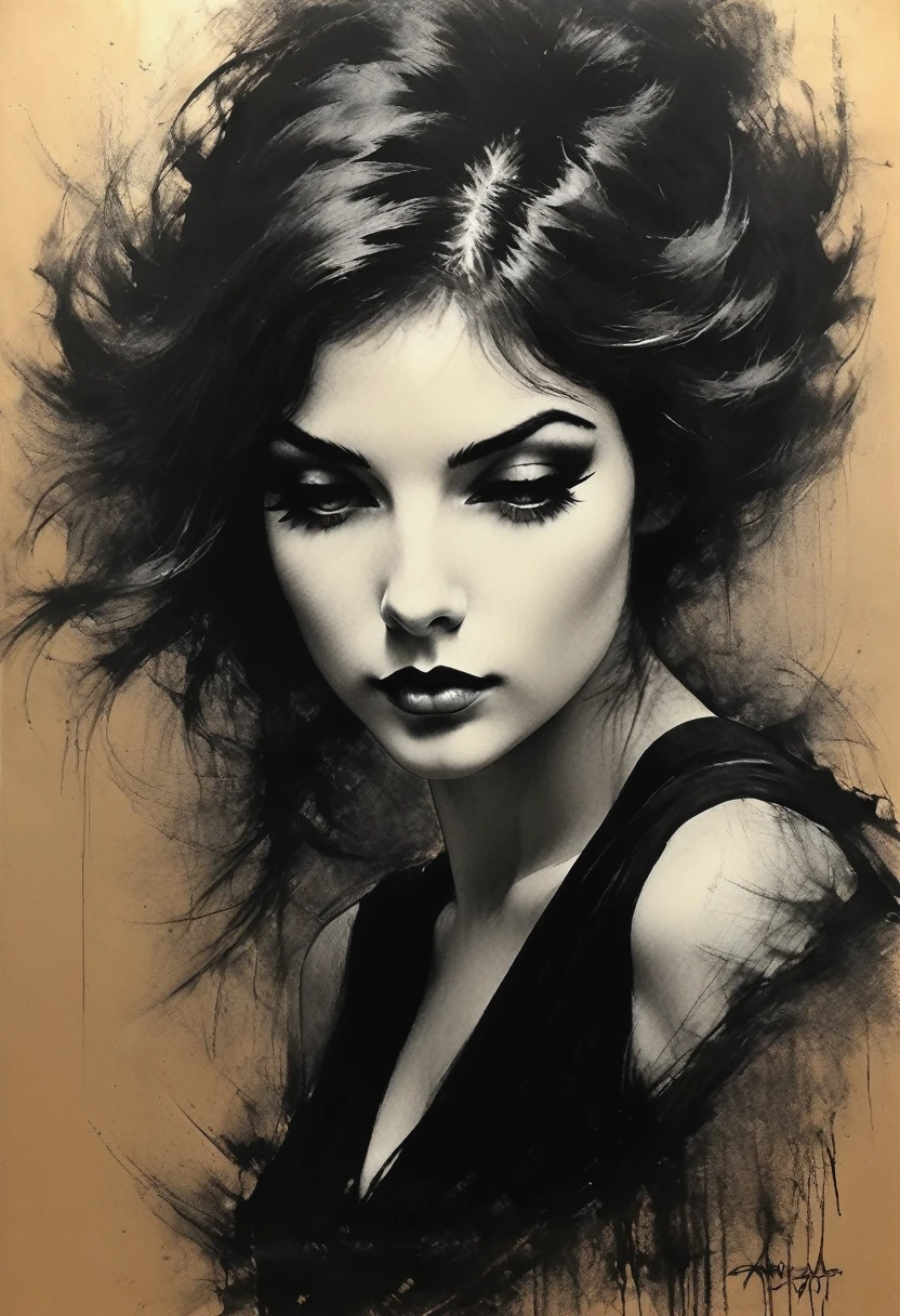 Charcoal drawing, pencil drawing, line drawing, graphite drawing, tinted paper, masterpiece, (nude 1920s pinup girl by Conrad Roset, Nicola Samori), (intentionally beautiful: 1.4), (black evening dress, pretty face , long hair, golden hair), silver lights), better lighting, more details XL, beauty. Art by Antonio Mora, Andre Cohn, Arthur Bordalo, Bob Ringwood, Benedict Ban,