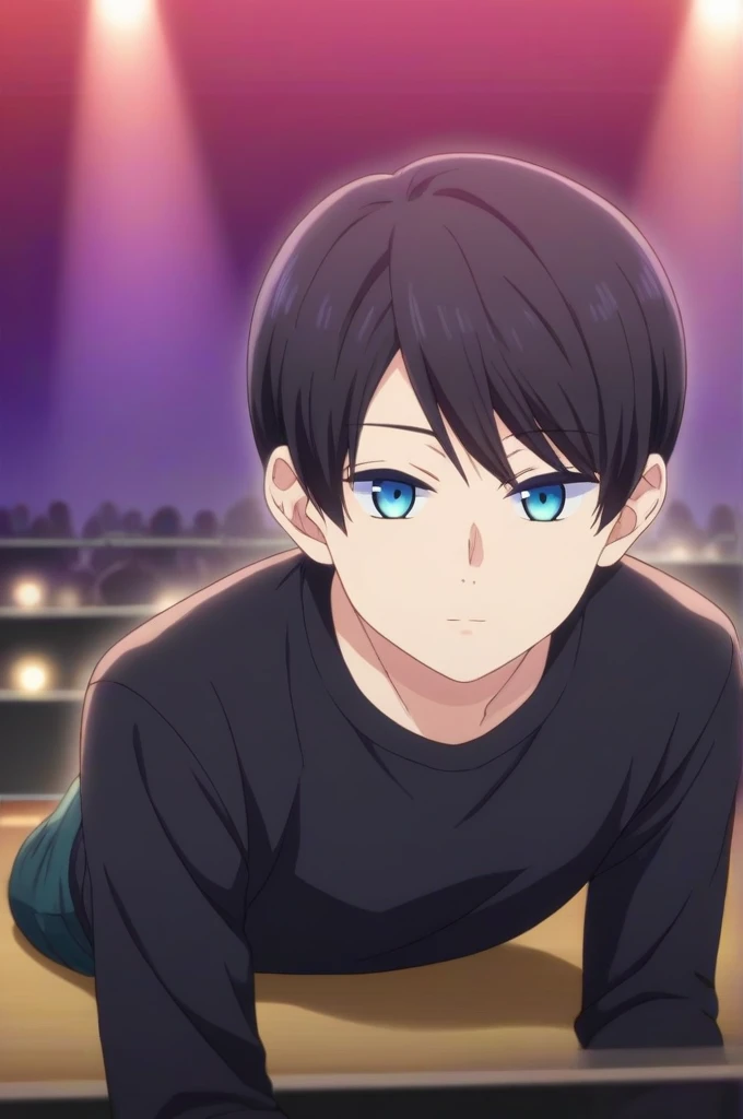 score_9, score_8_up, score_7_up, source_anime, rating_safe, intricate details, , looking at viewer, , 1boy, solo, male focus, mikoto_yuzuki, black hair, blue eyes, short hair, panorama, concert, stage, stage lights, idol, dusk, lying, on stomach, giggling, , 