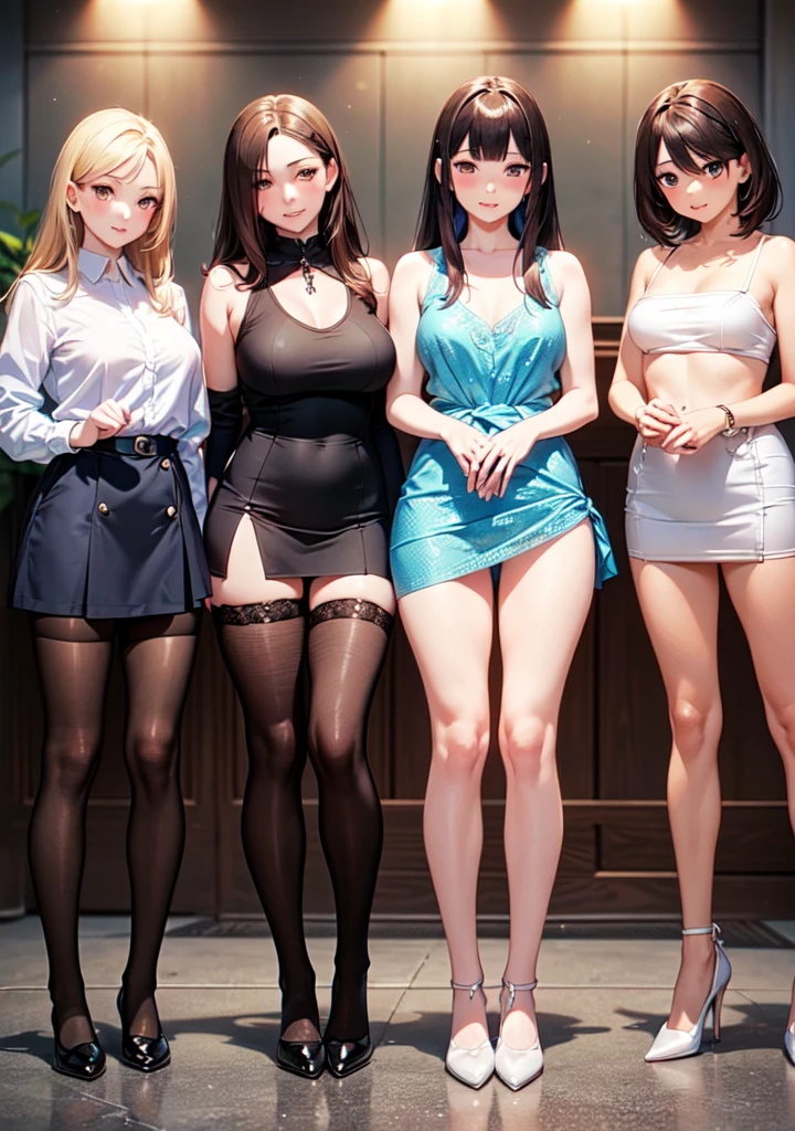 ((masterpiece, Highest quality, High resolution, 超High resolution, Pixel perfect, Written boundary depth, 4K, RTTX10.0, High resolution))), (5 adult females:1.3), Beautiful Anime Women, Beautiful art style, Anime characters, ((Long Hair, bangs, Dark brown hair, Mr.々Hair style)), ((Beautiful eyelashes)), ((Detailed face, blushする:1.2)), ((Smooth texture, Realistic texture, Anime CG Style)), Perfect body, Slender body, Exact finger count、Exact number of legs、Exact number of arms, (blush:1), (Five women standing in a row, lift one&#39;s skirt to greet the crowd.:1.2), ((Fashionable white shirt, Sailor collar, mini skirt, Knee-high socks, loafers: 1.2)), (Raise your skirt yourself:1.1), Realistic, (Slender body:1.1), Highest quality, High resolution, 非常にDetailed face, Perfect lighting, Highly detailed CG, (Perfect hands, Perfect Anatomy), Embarrassed expression, (School classroom, Blackboard Background:1.3), Morning sun-like lighting, whole body, ((Stylish and sexy shiny satin panties, Stylish lace side tie panties, White panties, Pink Panties, Light blue panties:1.2)), Angle from the front、(Beautiful and thin thighs:1.1)