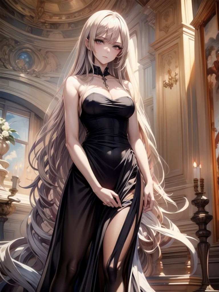 alone, woman, SFW, Medium Shot, ancient vampire, Parchment-colored skin, Thin Skin, deep crimson eyes, Sharp eyes, Sharp Eye, Long Hair, Silver Hair, thin, strong, elegant, elegant clothes, Ancient clothing, curtain, Wamul, Candles, vampire