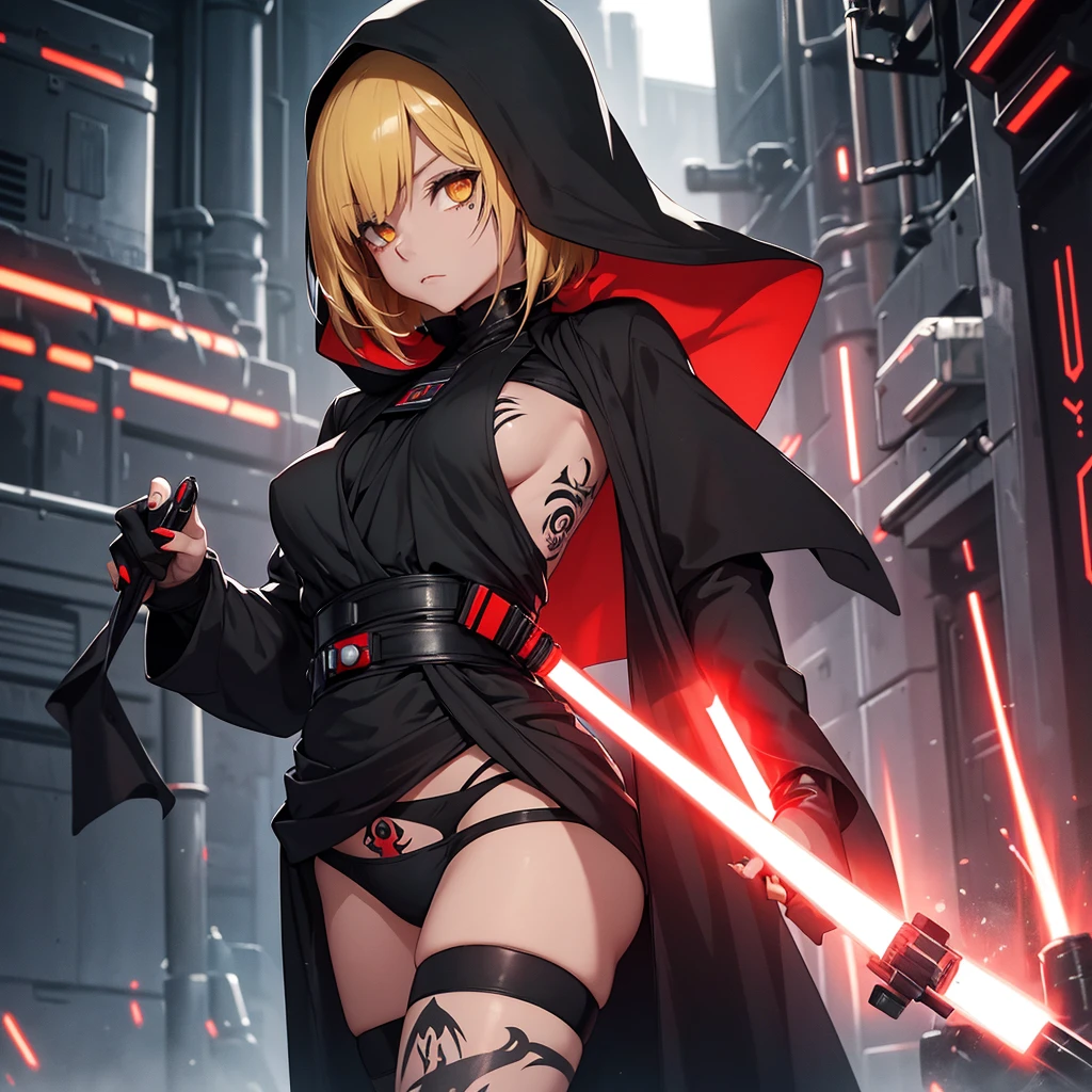 The girl is a Sith lord. She is wearing a black top and underpants. her skin is covered with black tattoos. She has red-yellow eyes. She holds a red lightsaber in each hand. She has short blond hair