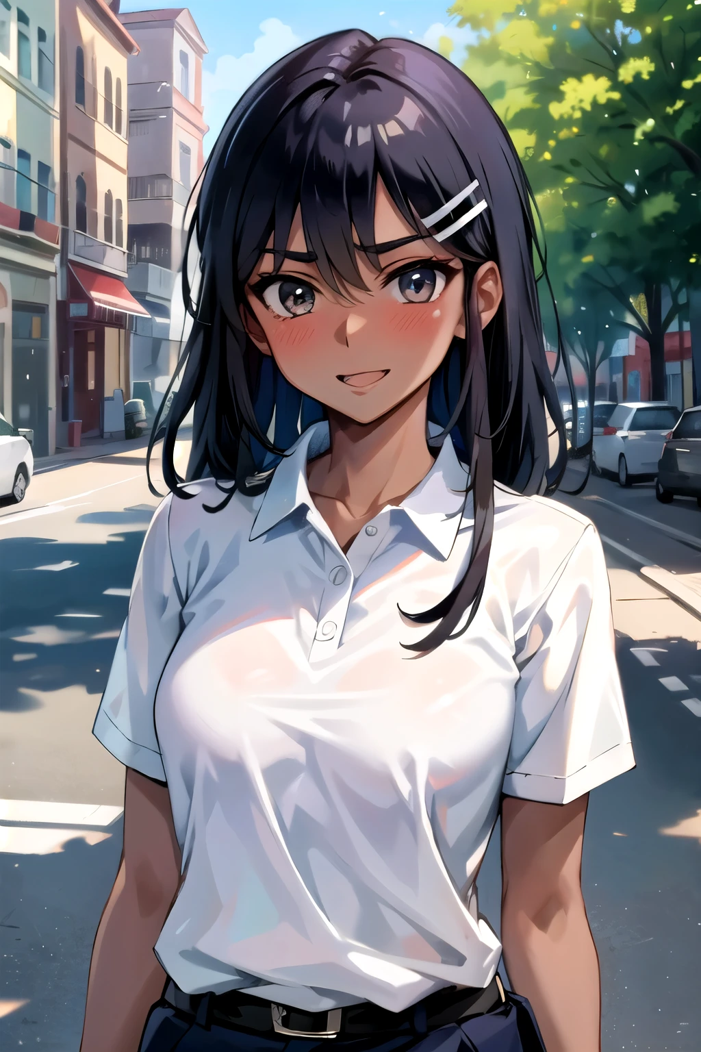 ((best quality)), ((masterpiece)), (details), one girl, sexy ((best quality)), ((masterpiece)), (details), one girl, sexy ((best quality)), ((masterpiece)), (details), one girl, full body,it's_nagatoro_main, Nagatoro Hayase, one girl, blushing, one person, uniform white polo shirt, black hair, brown eyes, hair accessory, looking at viewer, hair clip, smiling, long hair, dark skinned woman, dark skin, , bangs, daytime, skirt, collared shirt, collarbone, ear clip, mouth closed, tree, asymmetrical bangs, upper body