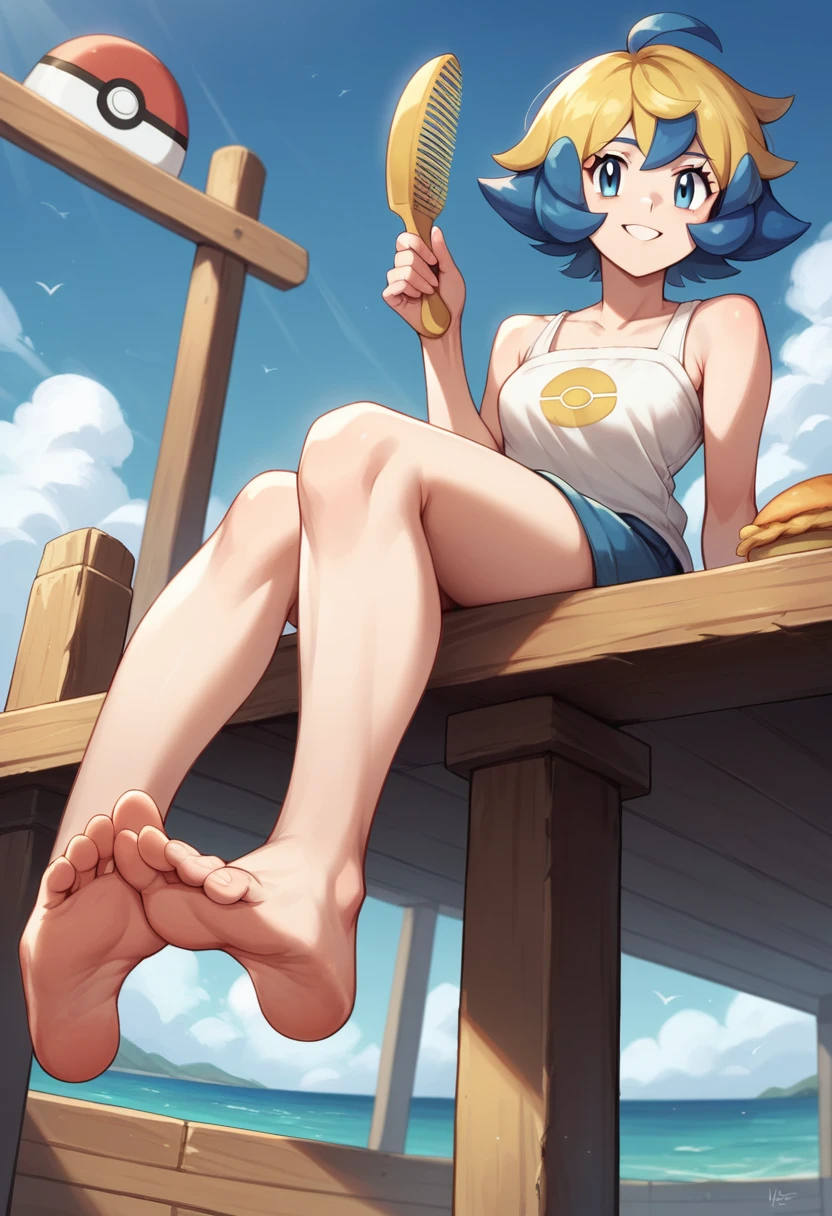 Masterpiece, Best Quality, high resolution, pier and sea in the background, a woman, alone, Blue eyes, short hair, blue fur, blue bangs,funny look, sitting on the dock, smiling, (pokemon), (golden comb in hair), the White shirt, bare shoulders, bare legs, stretched and separated, barefoot, hanging suns , head on, (soles), (View from below) pies head on