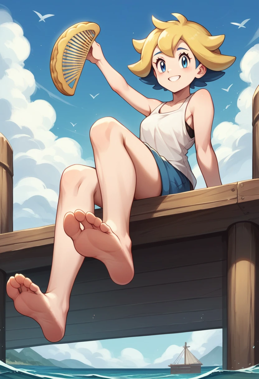 Masterpiece, Best Quality, high resolution, pier and sea in the background, a woman, alone, green eyes, White skin, wide, Yellow hair, with braids,nervous look, blush, sitting on the dock, smiling, (millie) (pokemon), (golden comb), long white dress, No panties, a big white hat, bare legs, stretched and separated, barefoot, hanging suns , head on, (soles), (View from below) pies head on