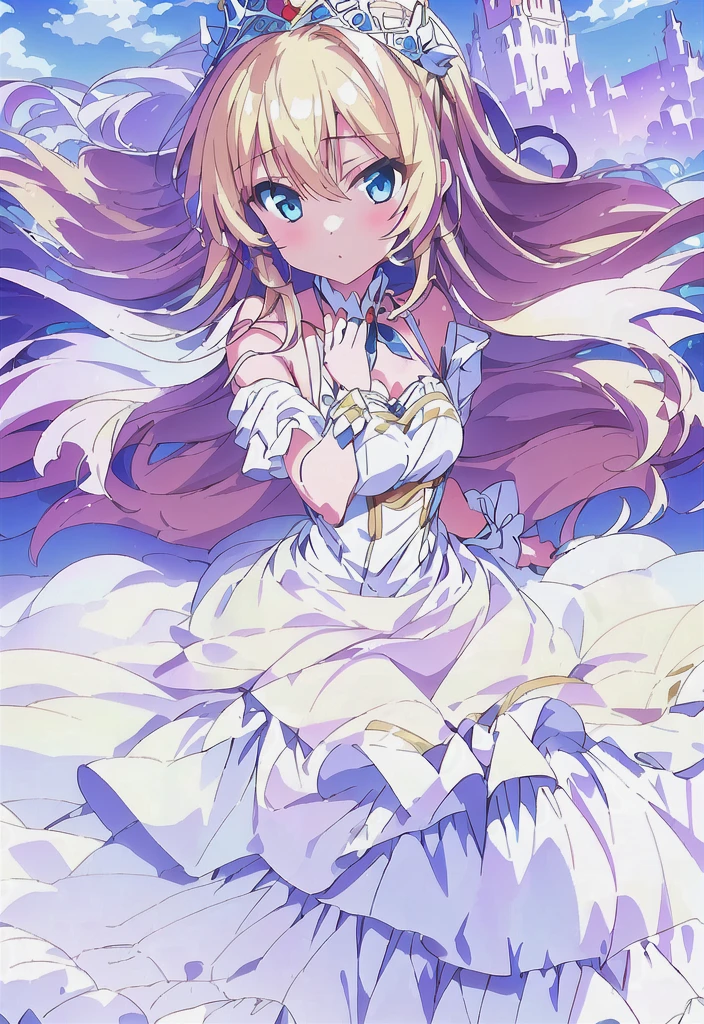 a close up of a person in a dress with a tiable, anime princess, anime goddess, my dress up darling anime,  in dress, rei hino as a princess, anime visual of a cute girl, illustrious makinami, anime key visual of elegant, cute anime waifu in a nice dress, official anime artwork, marin kitagawa fanart, anime girl named lucy, blonde hair, blue eyes, qhly, masterpiece