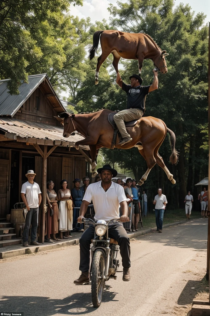 A man is impressively balancing a large cow on his head, showcasing incredible strength and skill. The man is standing on a road, surrounded by other people, one of whom is riding a bicycle. In the background, there is a motorcycle and an SUV parked nearby. The man''s bold act of carrying the cow on his head is the central focus of the image, drawing attention to his determination and physical ability. The colors in the image are warm and earthy, creating a rustic and natural atmosphere. This unusual and intriguing scene captures the viewer''s curiosity and admiration.