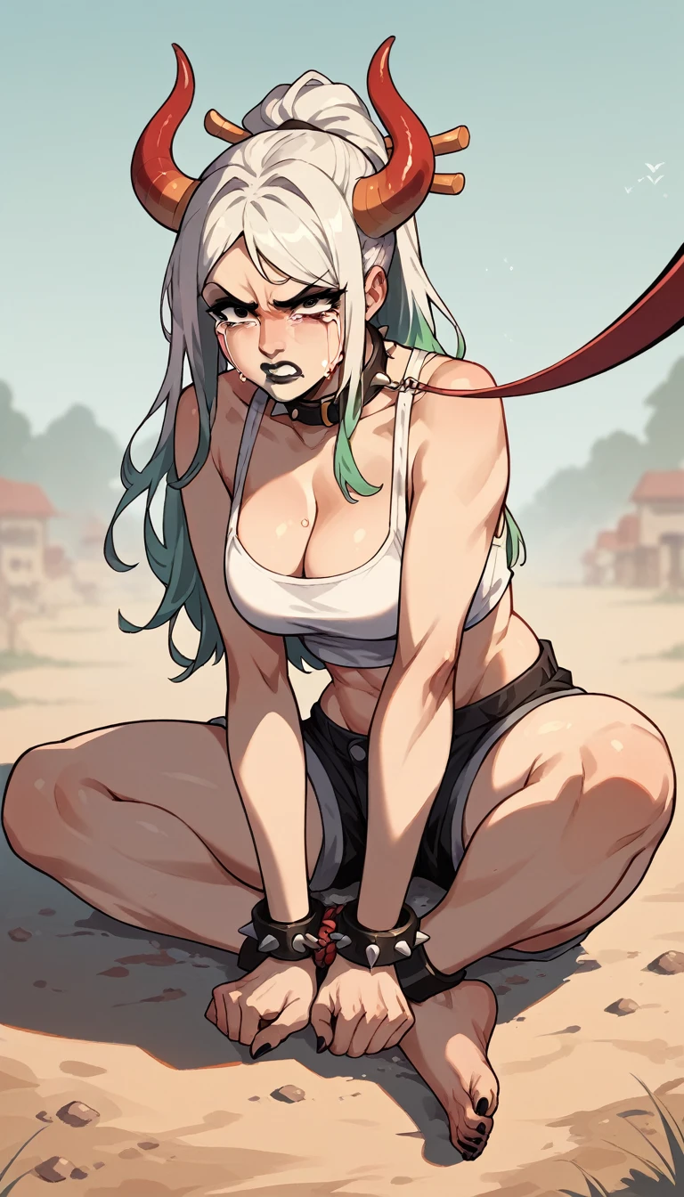 Yamato, barefoot, white crop-top, short shorts, cleavage, black lipstick, black eyeliner, black nails, dirt road, countryside, angry, crying, spiked collar, spiked wrist bracelets, leash on collar, spiked ankle bracelets, wrists tied up