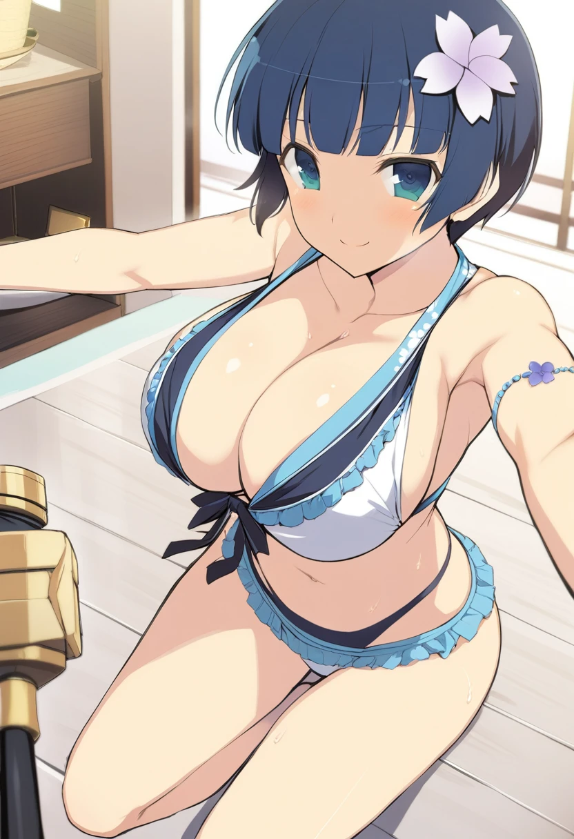 masterpiece, best quality,
yozakura (senran kagura), 1girl, breasts, solo,
short hair, blue hair, flower, blue eyes, large breasts, hair ornament,
hair flower, navel, midriff, bare legs, cleavage, emblem, smile,
bikini,
pov,