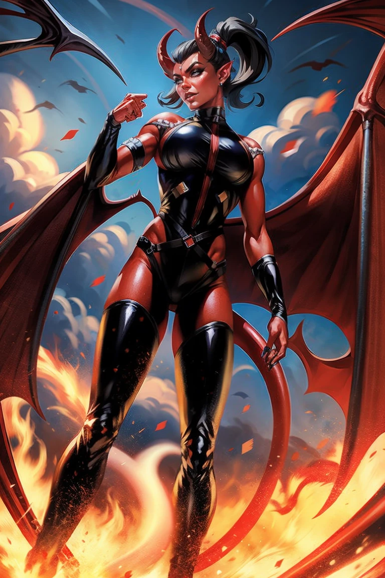 Red skin succubus tiefling, medium breasts, black horns, wings, huge tail, black leather, tall, toned, graceful, thin, long black ponytail. Action scene, shotgun.