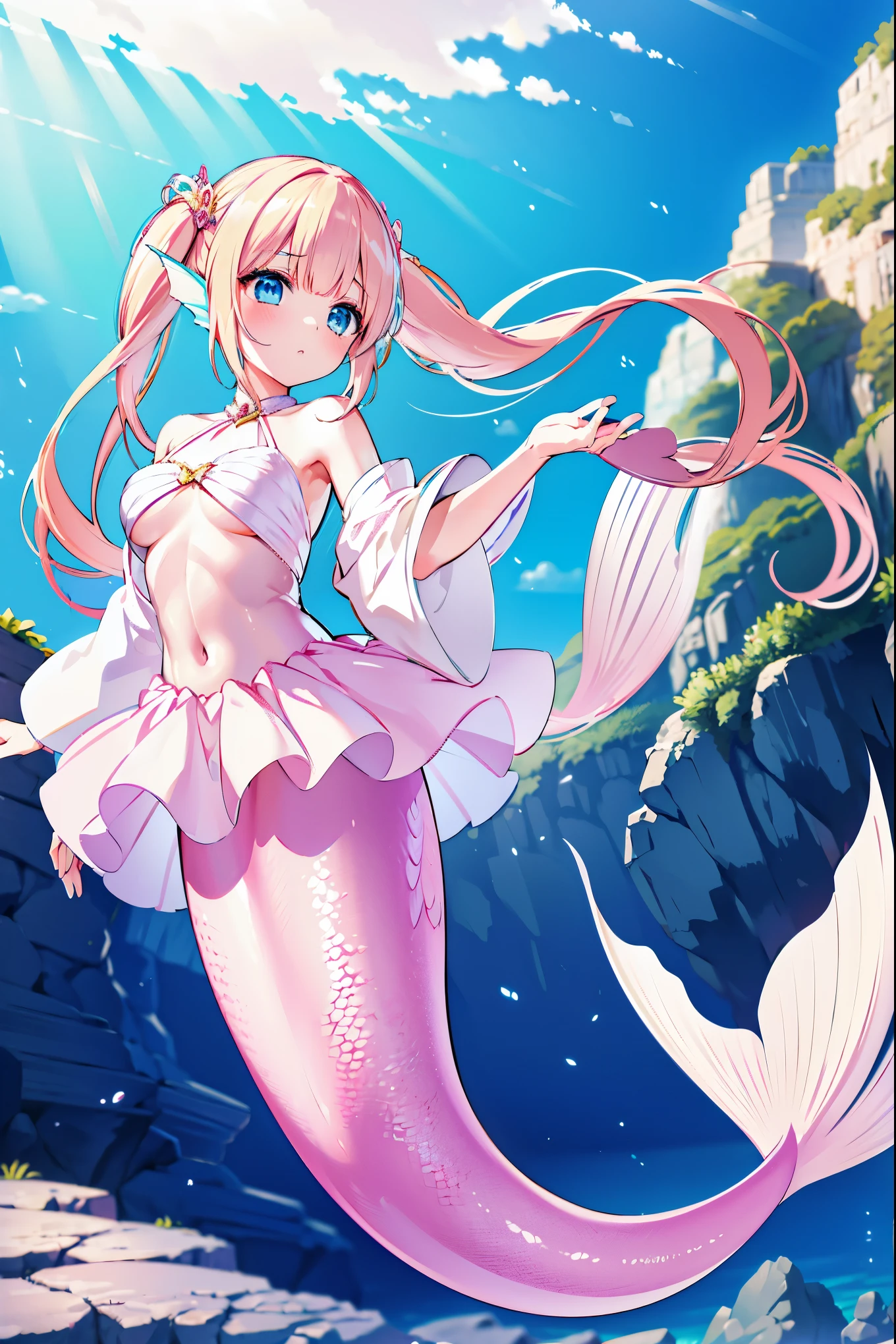 masterpiece, best quality,(perfect five fingers,The best ratio of four fingers and one thumb),A girl,blond,odango twintails,pink,Blue Eyes,(Exquisite eyes),Large Breasts,Hair accessories,Head fin,Mermaid,pink的Mermaid尾巴,Bangs,full-body shot,beach,拿着pink魔法棒