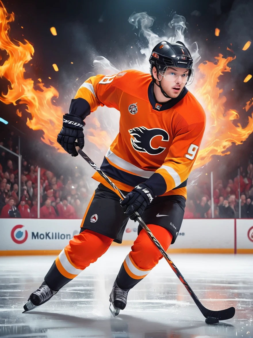 A fierce hockey player, whose ethnicity isn't specified, in competitive action, is dramatically surrounded by glowing, pulsating flames of intense red and orange colors, perfectly encapsulating the energetic spirit and passion of his sport. The picture setting being predominantly monochrome - black and white, the vibrant flames are presented in a stark contrast. This results in a visually striking color pop set against the minimalist competitor and icy playing field in the background. The image, shot to emulate a gritty, high contrast, vintage-style film effect, utilizes sharp, finely detailed textures. The expansive ice rink backdrop provides an additional compelling element, adding to the overall dynamism and high-stakes ambiance of the sport. The image is shot with a digital camera of equivalent quality to a Nikon D850, and an 85mm lens, ensuring an outstanding 8k resolution for capturing and presenting every minute detail of this captivating and intense on-ice sporting moment.