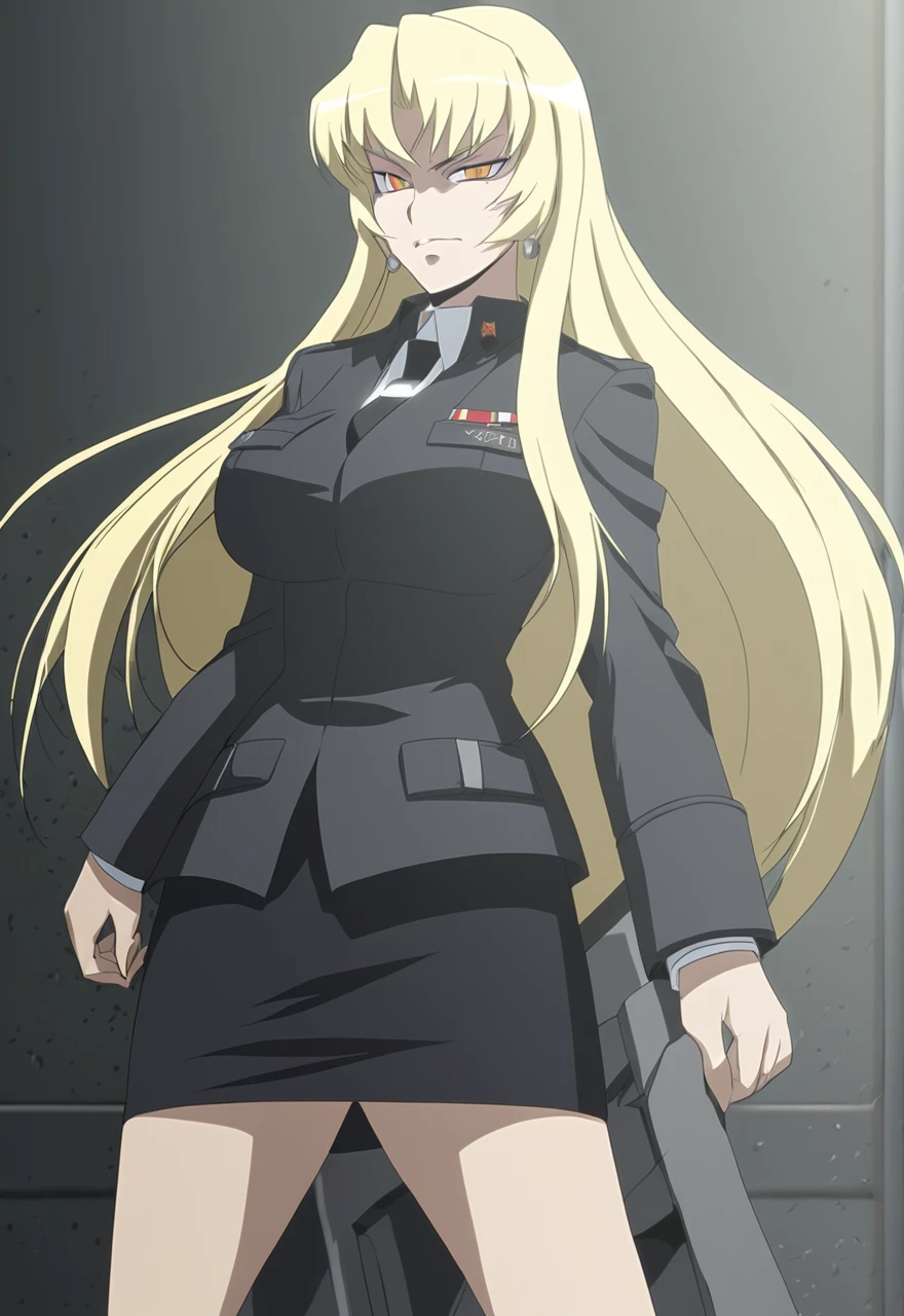 Make a old evil military blonde anime woman in a dark skirt suit  