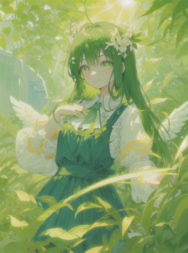Illustration of sunny day, green nature and relaxing plants 1 Youthful and angelic look of girl (child) long hair ((Focus on the face)) Between giant leaves in the shade, protecting from the strong rays of the sun, a smiling woman holding plants with bright colors, flowers and high-quality green shades. ((Light focus)) (Eye details) (8 kilos) (Intense focus)