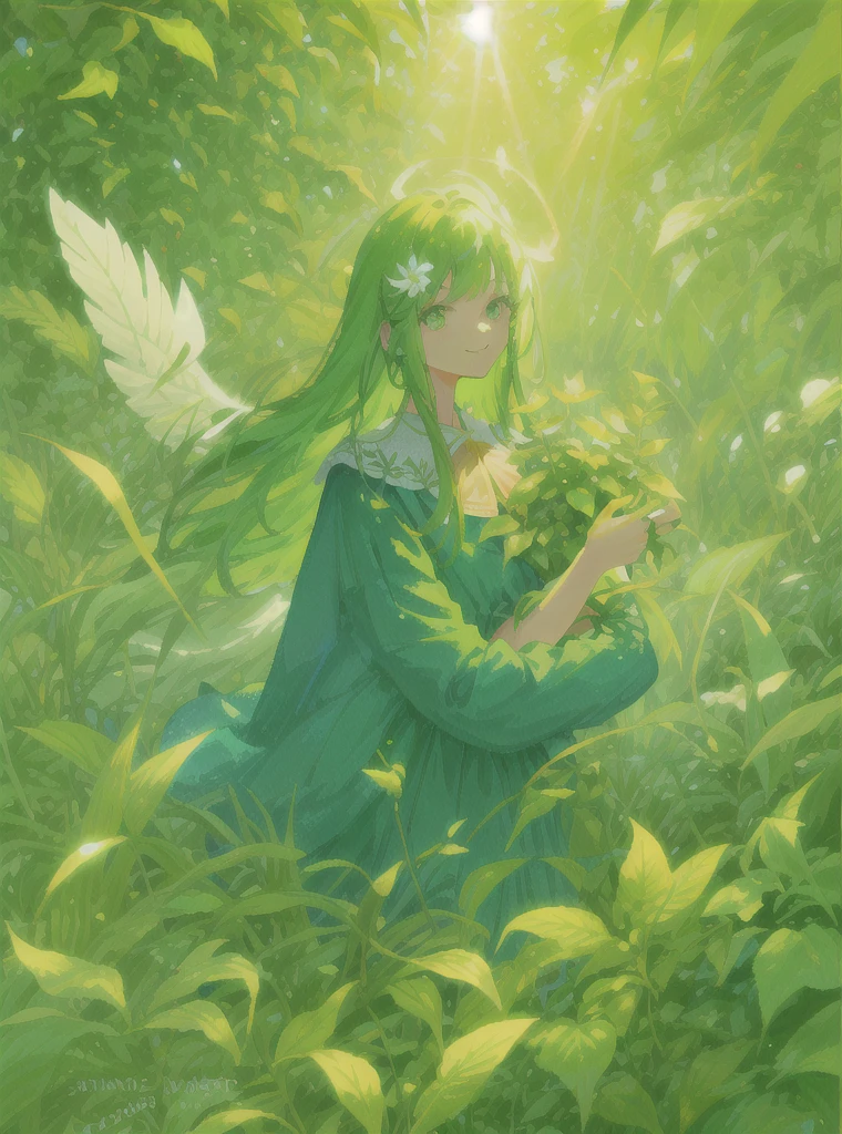 Illustration of sunny day, green nature and relaxing plants 1 Youthful and angelic look of girl (child) long hair ((Focus on the face)) Between giant leaves in the shade, protecting from the strong rays of the sun, a smiling woman holding plants with bright colors, flowers and high-quality green shades. ((Light focus)) (Eye details) (8 kilos) (Intense focus)