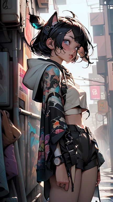 spacepunk girl, (1 girl:1.3), ((1 anime girl with extremely cute and beautiful black hair artificial cat ears walking seducerly down the street)),

(breasts big:1.4), saggy breasts, (((black wavy bob hair:1.35, bangss;1.35 messy hair, bangss;1.35,  colored inner hair, ear breathing))), (((artificial cat ears, artificial cat ears on head, Big cat ears))), ((pink eyes:1.3, upturned eyes:1.3, perfects eyes ,beautiful detailed eyes, rainbow sparkles ultra-detailed deep pink purple eyes:1.1, gradient eyes:1, beautiful finely detailed eyes:1, symmetrical eyes:1, big highlight on eyes:1.2)), (fatter:1.2),  7.5 real size, (((shining skin:1.5, shining skin: 1.5, skin tanned, shining skin, very shining skin, shinny body, plastic glitter skin, exaggerated shining skin))), (spider lower abdomen, narrow waisted, wide hip, athletic body, inflated legs, delicate and detailed fingers, body detailed, detailed arms, human hands, detailed hands,), 

cute, slutty, seducer, Erotic, nsfw, 

zetai ryouiki, revealing clothing, show the skin, ((((below the chest)))), (wearing mechanical space armor:1.3, mechanical thongs,  naked legs), ((((crop top hooded cloak, cropped hooded cloak, hooded cloak))), (detailed outfit, detailed clothing),

(dynamic pose:1.0), focus only, embarrased, centred, scale to fit dimensions, rule of thirds,

plein-air, (cyberpunk background: 1.5, detailed back ground:1.25),

(isometric: 1.0), double exposure, (work of art, best qualityer:1.3), (high resolution:1.5), absurderes, ultra detaild, cinematic light, realisitic, ultra-realisitic, hight contrast, extraordinarily cool, swirly vibrant colors,  (intricate), hdr (high-range dynamics),ray tracing,nvidia RTX,Super-resolution,Irreal 5,Subsurface Dispersion, PBR Texture, Post-processing, Anisotropic filtering, Depth of field, Maximum cl