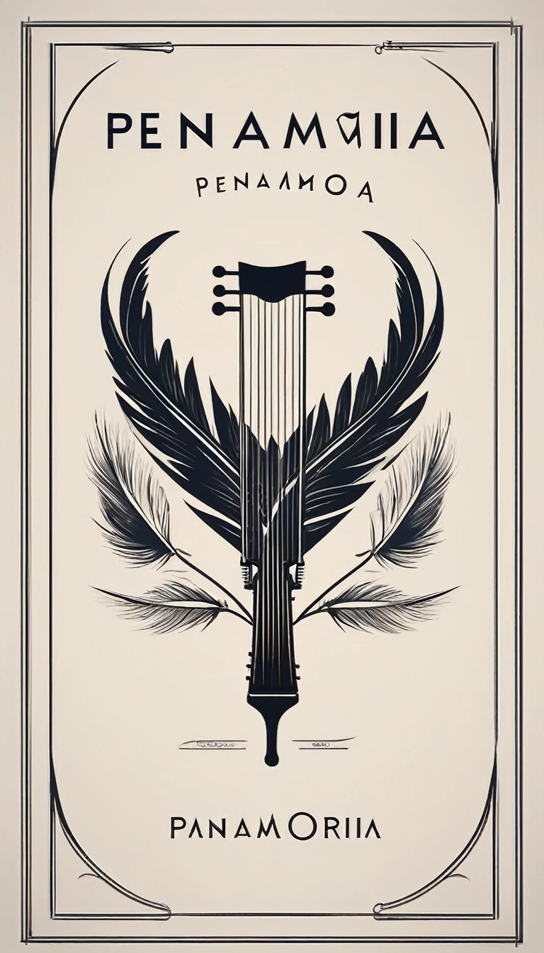 A minimal, modern, simple, cinematic logotype for the brand “Penamemoria". The logotype must be a simple, magical feather and a boy playing acoustic guitar. The logo must convey a sense of music, stories and dreams. Logo design impressed on a book cover. Minimalistic logo