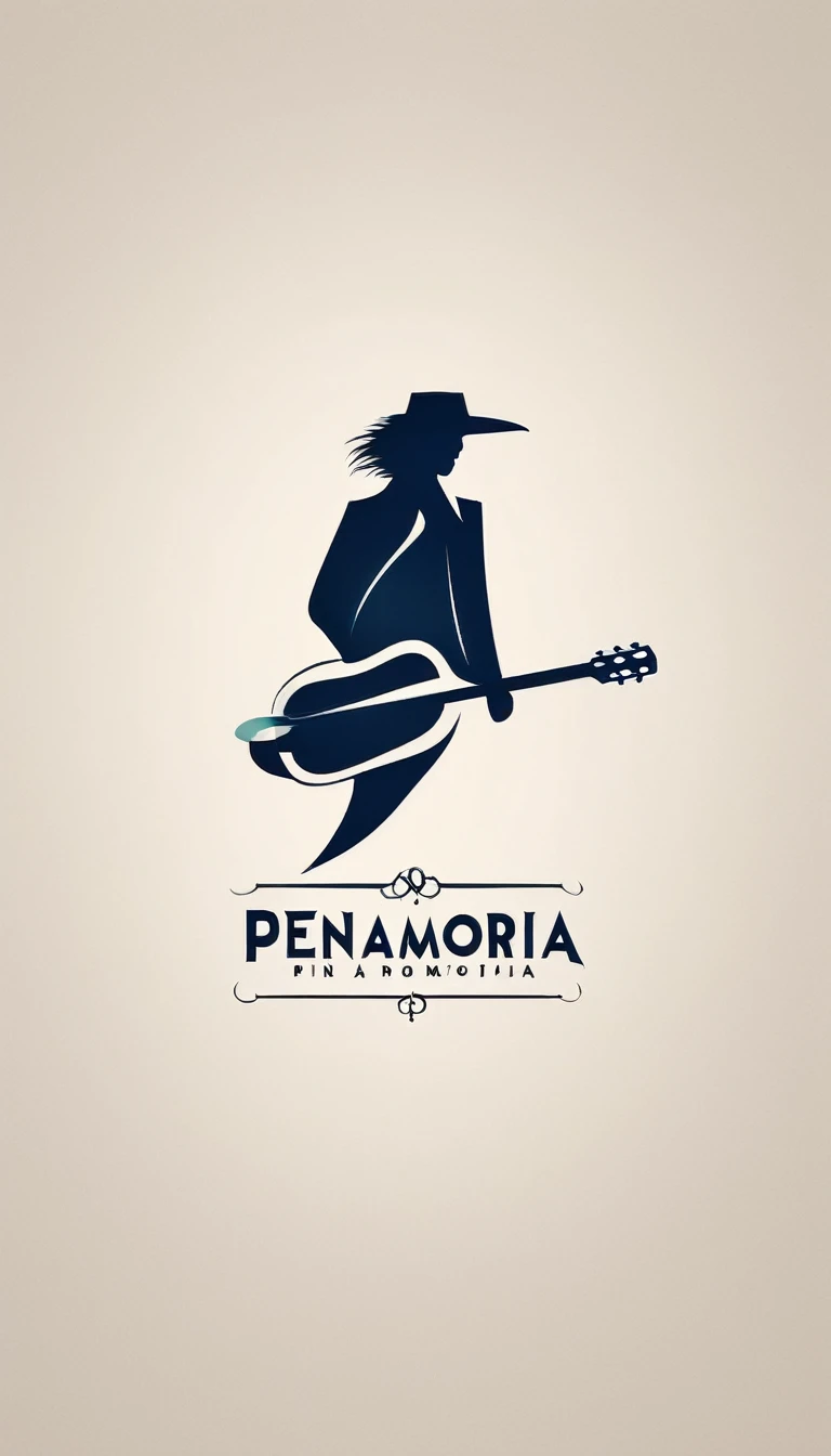 A minimal, modern, simple, cinematic logotype for the brand “Penamemoria". The logotype must be a simple, magical feather and a boy playing acoustic guitar. The logo must convey a sense of music, stories and dreams. Logo design impressed on a book cover. Minimalistic logo
