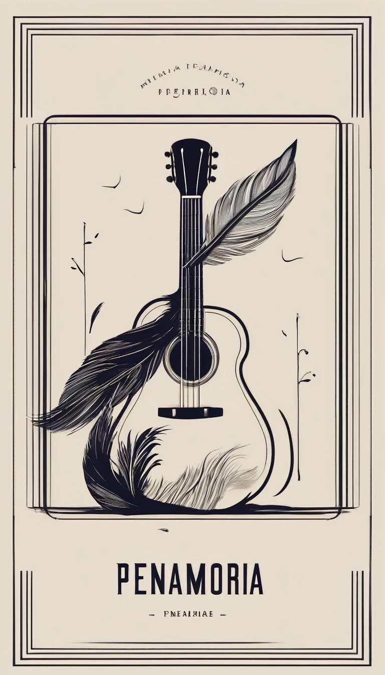 A minimal, modern, simple, cinematic logotype for the brand “Penamemoria". The logotype must be a simple, magical feather and a boy playing acoustic guitar. The logo must convey a sense of music, stories and dreams. Logo design impressed on a book cover. Minimalistic logo
