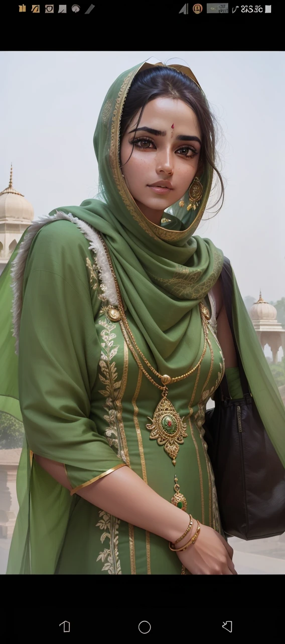 A beautiful grile ,india wear , Indian queen, beautiful eyes, neck pendant, a green kurta , brown shainy hairs, silky hair, green tree background, sony , canon, f.1.4, nikon bokhe , blur , futuristic, realistic, daylight,realface