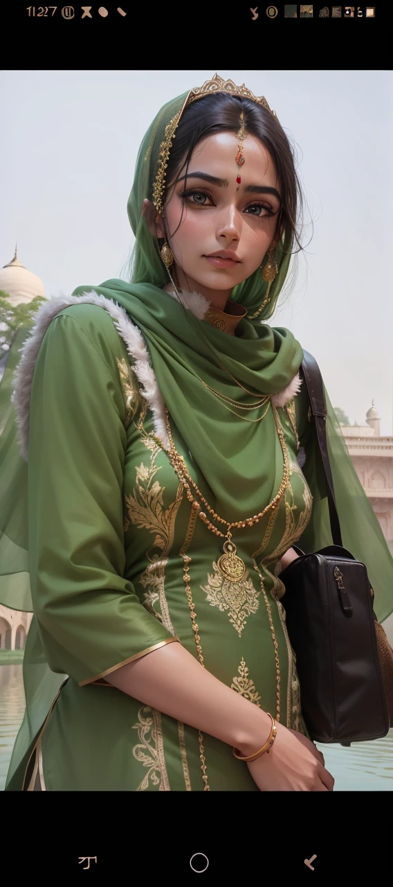 A beautiful grile ,india wear , Indian queen, beautiful eyes, neck pendant, a green kurta , brown shainy hairs, silky hair, green tree background, sony , canon, f.1.4, nikon bokhe , blur , futuristic, realistic, daylight,realface