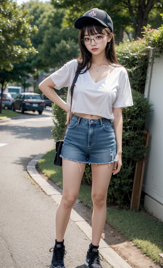 detailed_background, detailed_body, realistic, full body view, 1 girl, eye glasses, blushes, dark forest background, straight black hair, blunt bangs, cleavage, bigboobs, large_tits, side_boobs, long legs, sneakers, small waist, see-through white short-sleeve shirt, navel, pleated_denim_skirt, hip_line, panty_shot, baseball_cap, one_foot_up