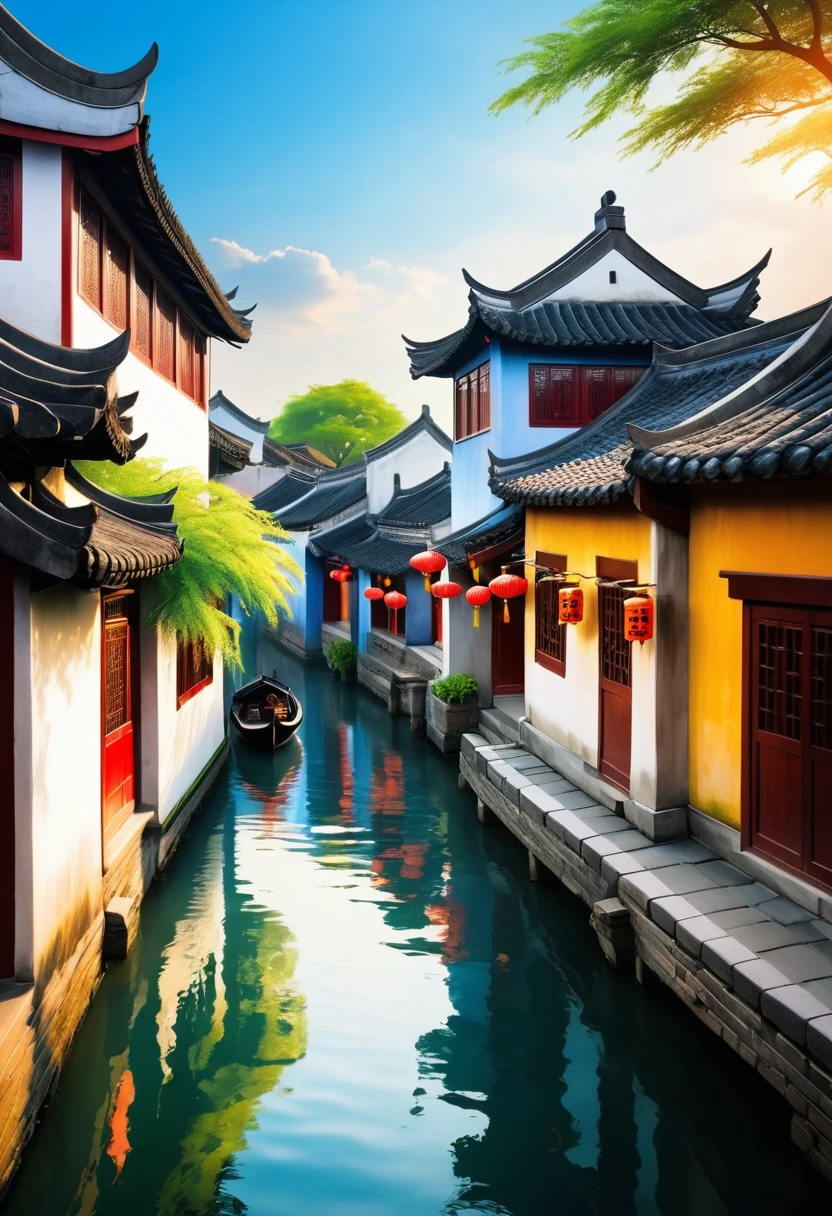 Shinkai Makoto style，Rich colors，Beautiful scenery，Jiangnan Water Village，Fresh and bright，Warm light and shadow，best quality，Ultra Detail，16K