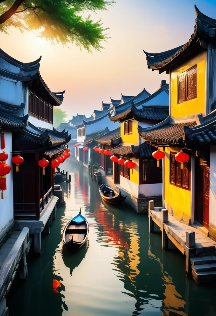 Shinkai Makoto style,Rich colors,Beautiful scenery,Jiangnan Water Village,Fresh and bright,Warm light and shadow,best quality,Ultra Detail,16K