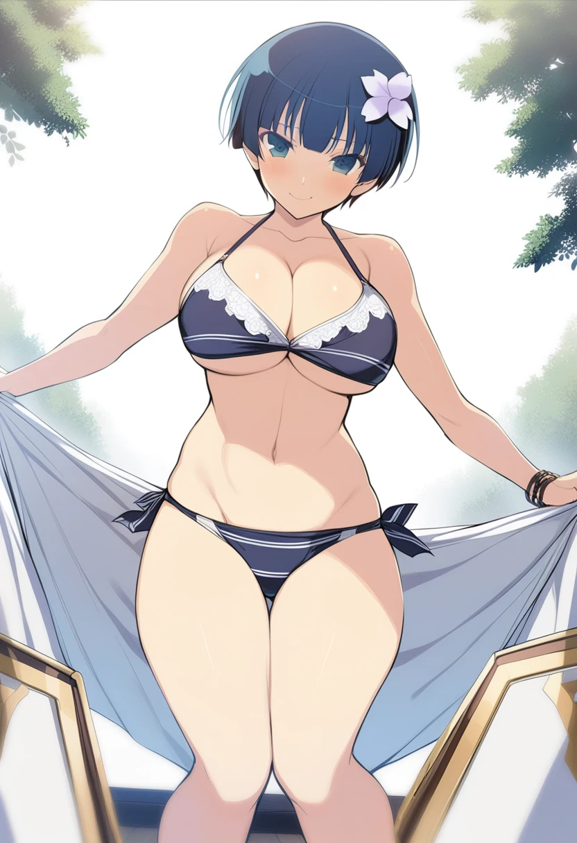 masterpiece, best quality, 
yozakura (senran kagura), 1girl, breasts, solo, 
short hair, blue hair, flower, blue eyes, large breasts, hair ornament, 
hair flower, navel, midriff, bare legs, cleavage, emblem, smile, 
bikini, 
pov, 