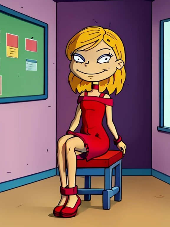 1girl, solo, yo skinny blonde girl, posing, in classroom, little red dress, red strapless dress, barefoot , sit tied to a chair, full body view, short bodycon dress, choker, full body shot, smiling, beautiful eyes, Sitting pose, legs crossed.