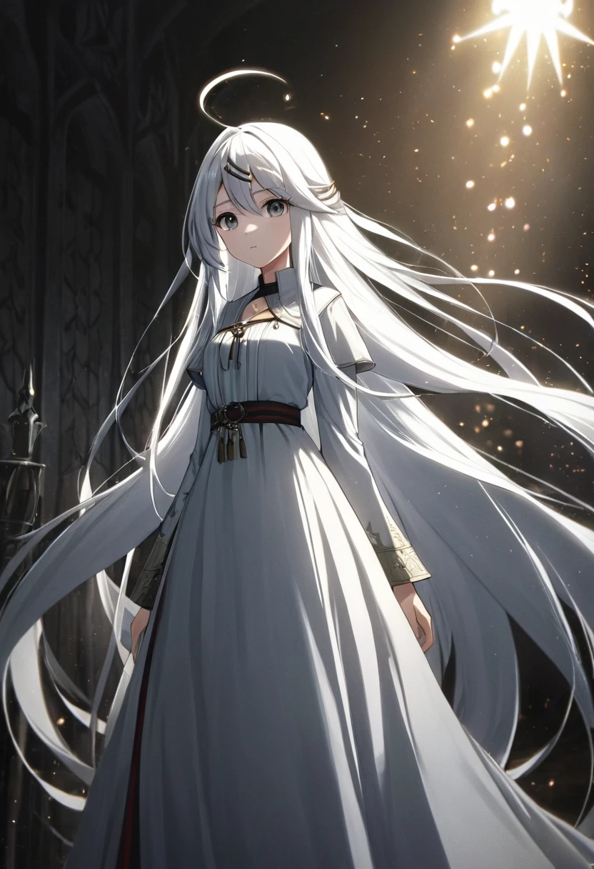 anime girl,masterpiece++, best quality++, ultra-detailed+,extremely detailed++, 4k++, 8k++,(full color)++(ornament dress)+++,grey eyes+++, beautiful white hair++,long hair++,accessories, transparent hair++, light effect++, cinematic light++,a peasant girl in a white dress, long hair, white hair, beautiful gray eyes,(one long metal hair clip)+++
,detailed clothing, serene expression,cinematic lighting,look at viewer,
medieval fair in the background,no human on background